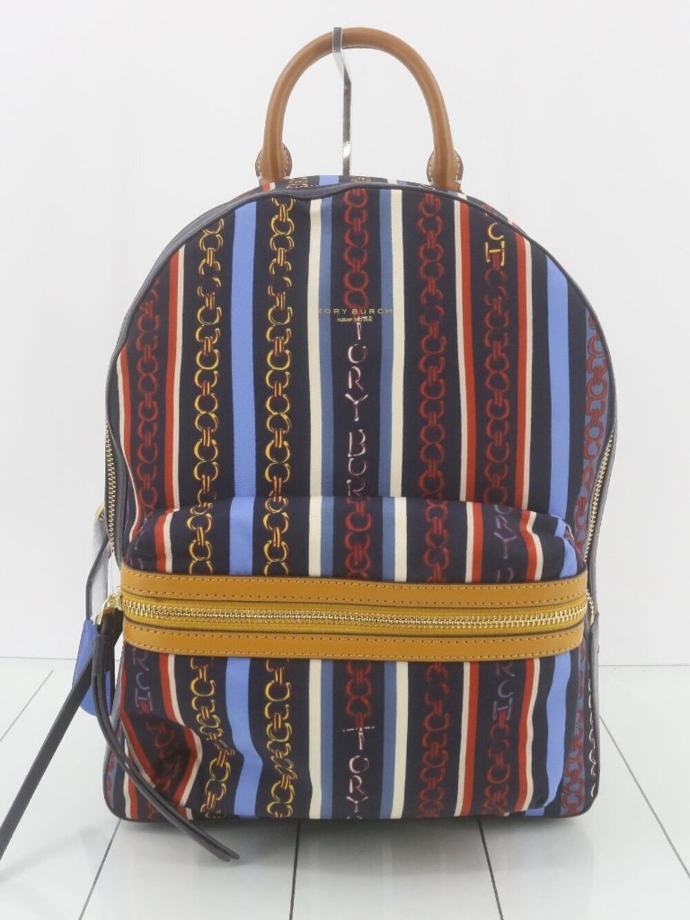 Tory Burch Navy Striped Chain-Print Mini Backpack with Tan Trim